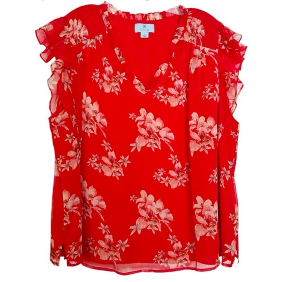 CeCe Chiffon Smocked Cap Sleeve V-Neck Red Floral Print Flutter Blouse Size 2X - Picture 3 of 12